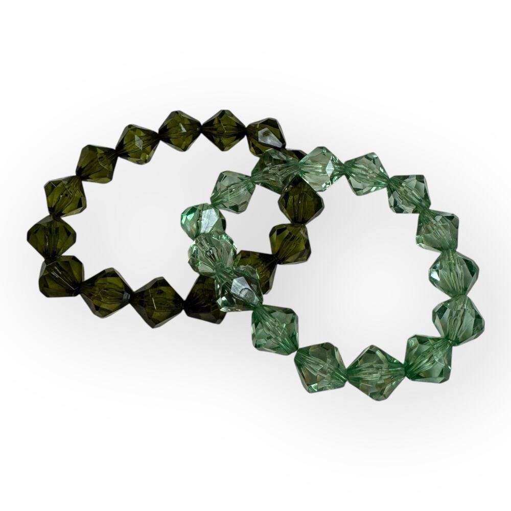 Vintage Set of‎ Two Green Faceted Bead Stretch Bracelets - Picture 6 of 7